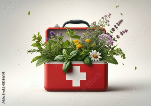 Herbal Medicine Concept: Medicinal Plants Emerging from First Aid Kit