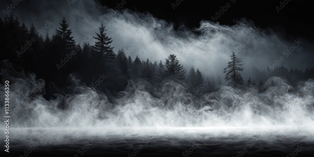 Fototapeta premium Eerie Dark Forest Landscape with Thick, Rolling Fog at Night