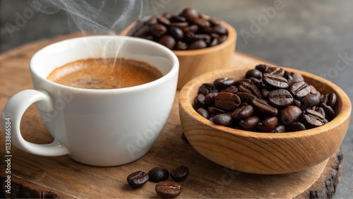 Aromatic espresso in a white cup, steaming, alongside bowls of roasted coffee beans on a wooden surface.