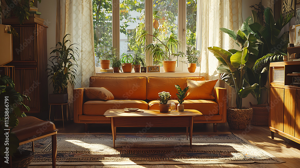 Fototapeta premium A living room with a couch, coffee table, and potted plants