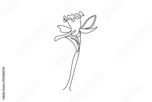 Single one line drawing beauty fresh narcissus for garden logo. Printable decorative daffodil flower concept for wedding invitation card. Modern continuous line draw design graphic vector illustration
