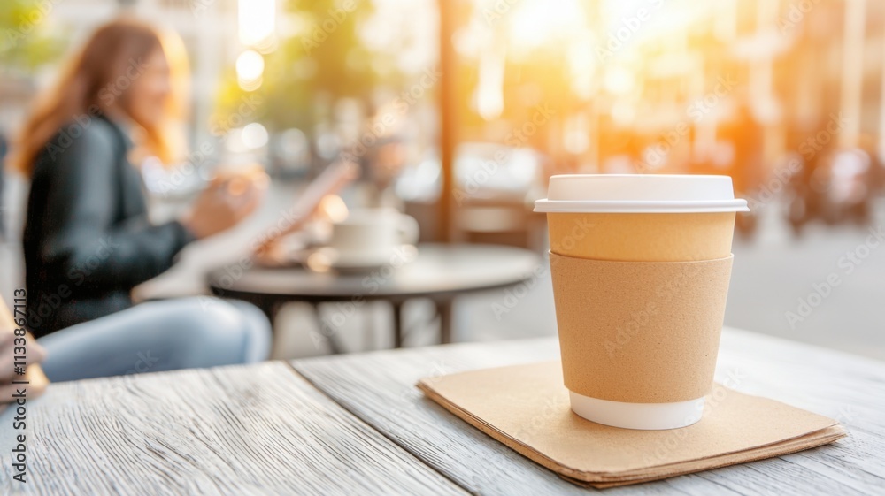 Coffee cup on a table with a person reading in the background. Coffee cup on a table with a person reading in the background.