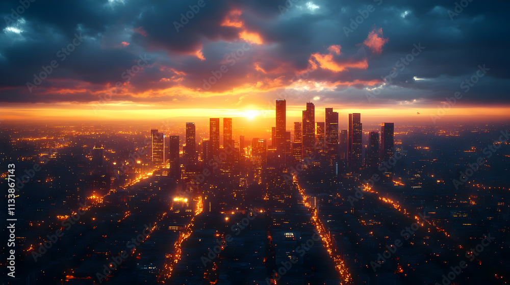A stunning sunset over a city skyline, highlighting urban architecture and vibrant lights. A stunning sunset over a city skyline, highlighting urban architecture and vibrant lights.