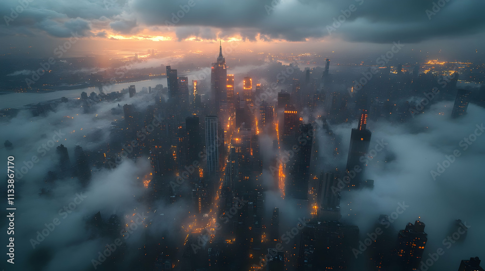 Fototapeta premium Aerial view of a city skyline at dusk, shrouded in fog with glowing lights.