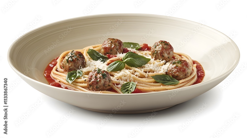 Spaghetti with meatballs, tomato sauce, basil, and parmesan cheese in a wide, shallow bowl. Spaghetti with meatballs, tomato sauce, basil, and parmesan cheese in a wide, shallow bowl.