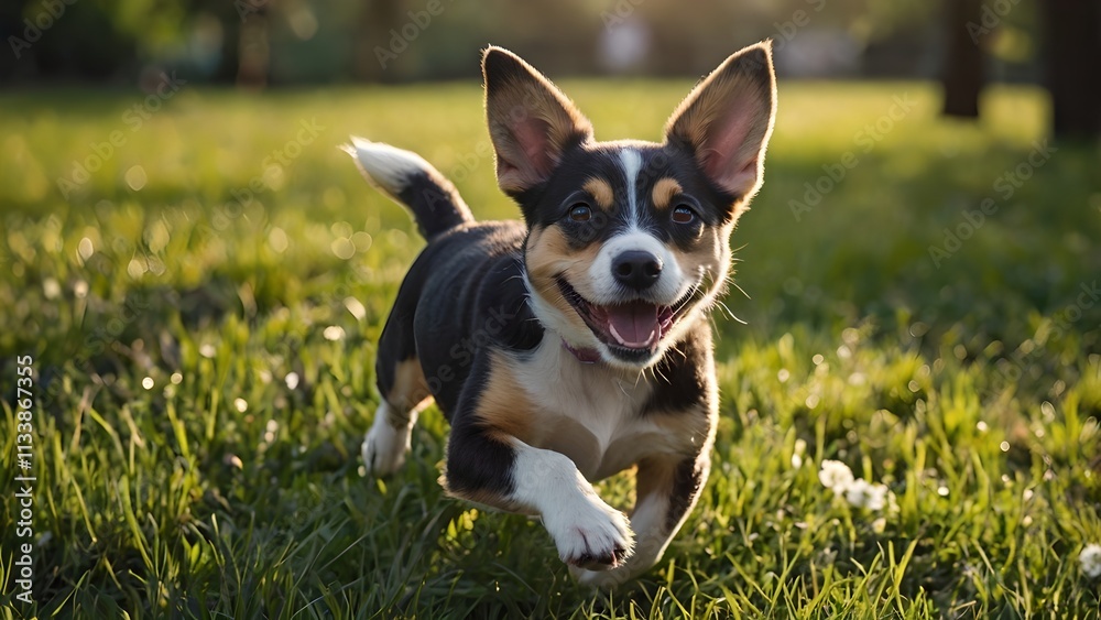 Happy Puppy Running in Sunny Grass Happy Puppy Running in Sunny Grass