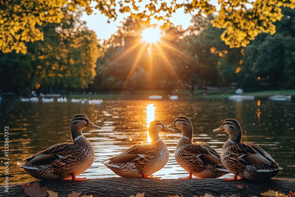 Fototapeta premium Four ducks perched on a log at sunset by a calm lake, surrounded by autumnal trees. Golden hour light bathes the scene.