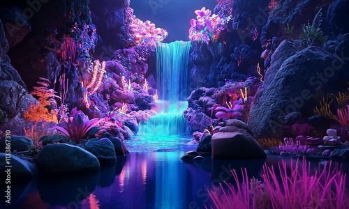 Enchanted Waterfall in a Bioluminescent Grotto