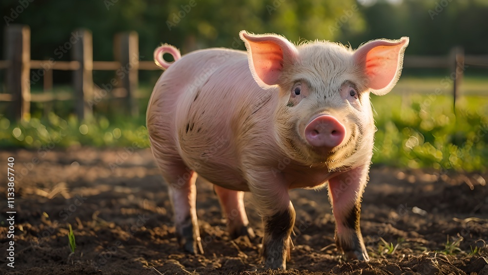 Adorable Pink Piglet Enjoying Summer Day on a Farm Adorable Pink Piglet Enjoying Summer Day on a Farm
