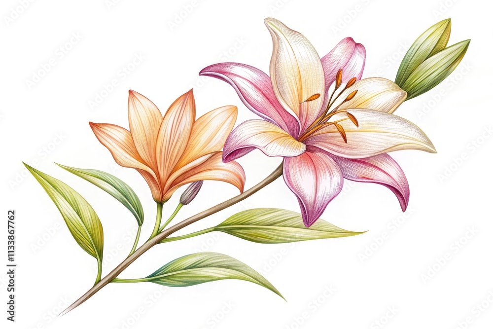 Fototapeta premium Simple lily branch line art: a refined floral design for greetings, weddings, and body art.