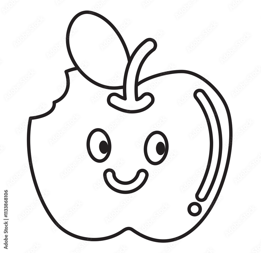 Bite apple outline for fruit, vegan, cartoon character, mascot, cute patch, brooch, grocery shopping, supermarket, market, sticker, breakfast, lunch, diet, snack, colouring book, art, painting	
