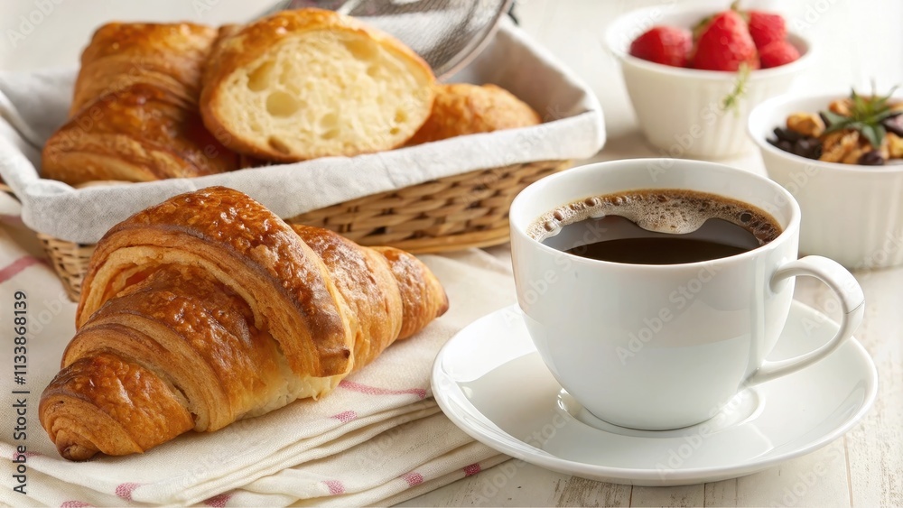 A delightful breakfast scene featuring freshly baked croissants and a steaming cup of coffee A delightful breakfast scene featuring freshly baked croissants and a steaming cup of coffee