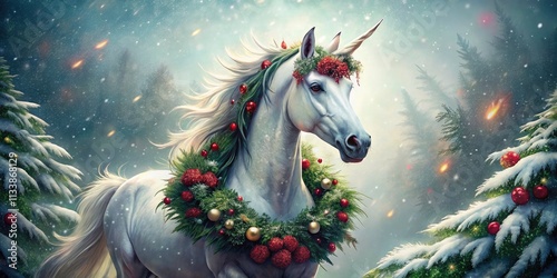 Snowflakes dance around a fantastical unicorn within a sparkling Christmas wreath; pure enchantment.