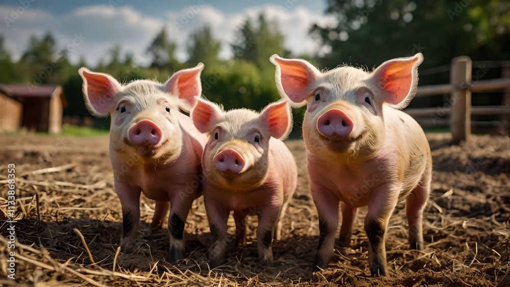 Three Happy Piglets Enjoying Life on a Farm Three Happy Piglets Enjoying Life on a Farm