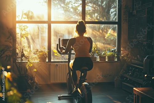 Woman cycling indoors, sunlit room, plants.
