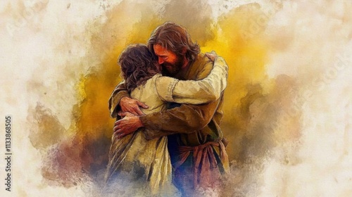 A heartfelt depiction of forgiveness from the father to his returning son in watercolor art.