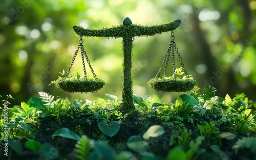 Environmental law concept, green justice symbolized by law scales and healthy ecosystems, vibrant greenery, ecofriendly legal balance, AI generative art photo