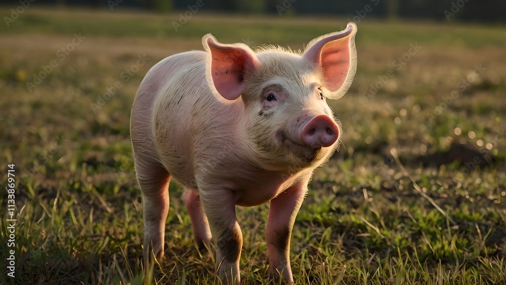 Cute Piglet Standing on a Meadow Cute Piglet Standing on a Meadow
