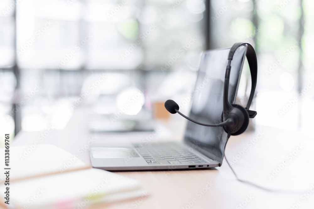Communication support, call center and customer service help desk. headset on laptop computer keyboard.
Communication support, call center and customer service help desk. headset on laptop computer keyboard.