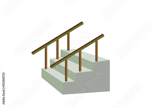 Please hold the ladder rail and watch your step going up and down the stairs. Safety poster. Stairs icon.