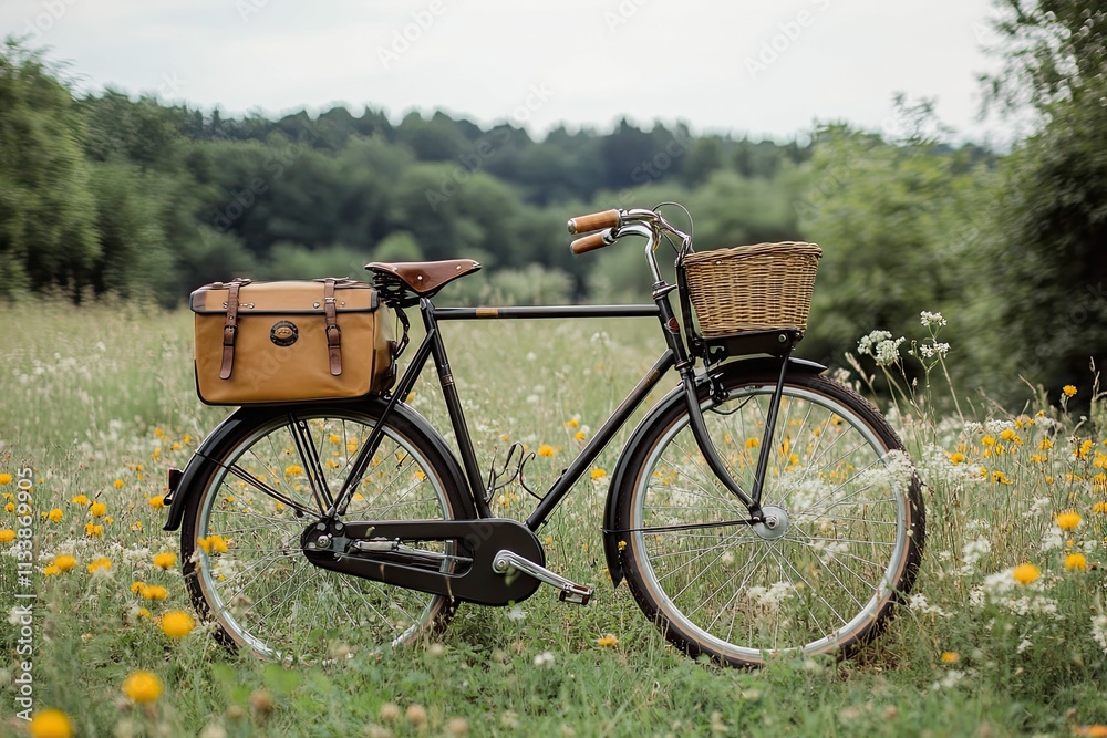 Fototapeta premium Dark bicycle, bags, basket, wildflowers, scenic field.