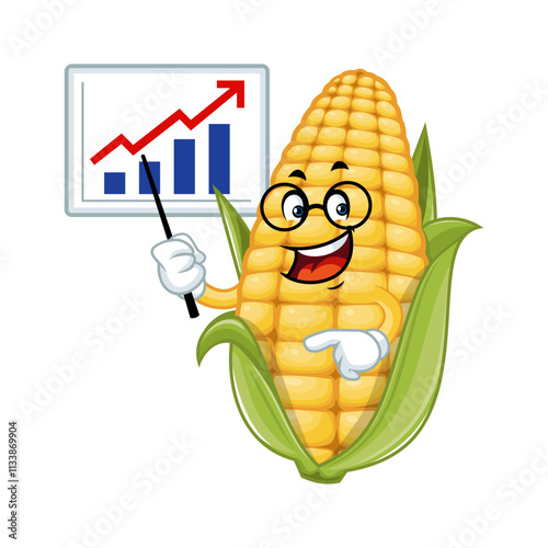 Corn mascot presenting a growth chart.  Concept of agriculture, business, and success..