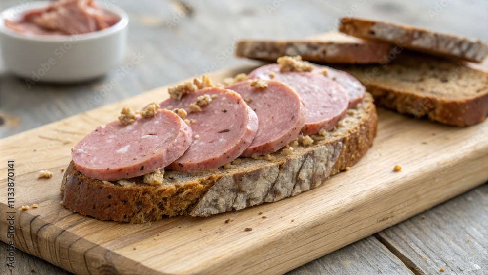 A delicious open-faced sandwich with sliced sausage, mustard, and dark bread on a wooden board A delicious open-faced sandwich with sliced sausage, mustard, and dark bread on a wooden board