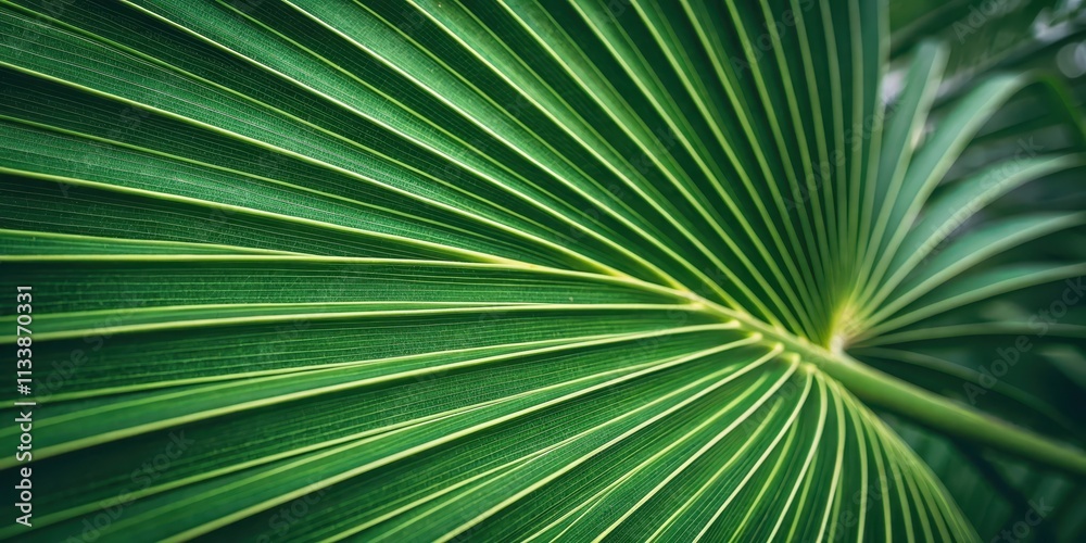 Close-up view of a vibrant green palm frond, showcasing intricate leaf veins and radiating pattern