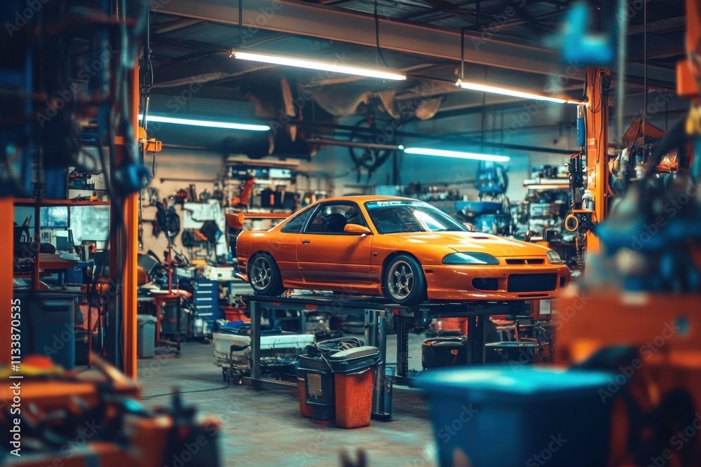 Fototapeta premium Tools and equipment in action within an automotive repair environment.