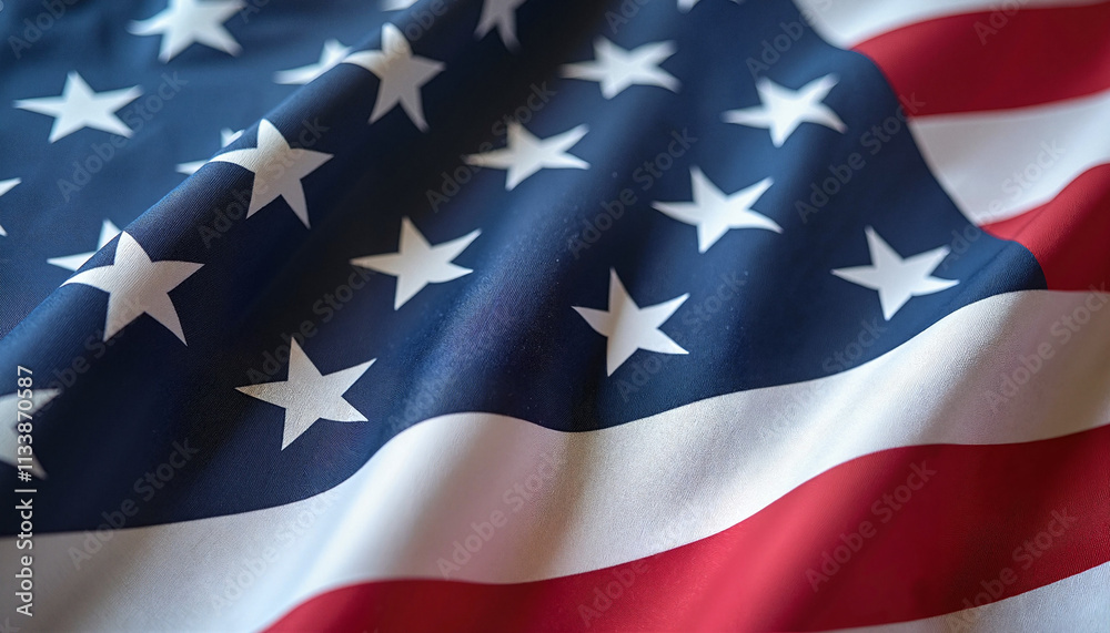 Close-up of the United States flag with stars and stripes waving in the breeze
Close-up of the United States flag with stars and stripes waving in the breeze