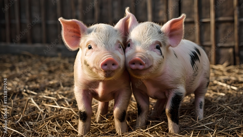 Two Piglets Cuddle Up In Hay, Sharing A Sweet Moment Two Piglets Cuddle Up In Hay, Sharing A Sweet Moment