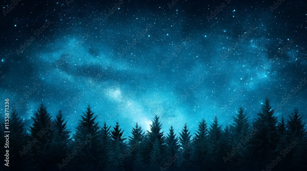 Starry night sky over a dark forest silhouette. Starry night sky over a dark forest silhouette.