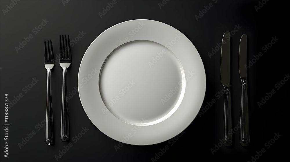 A minimalist dining setup featuring a white plate and black utensils on a dark background. A minimalist dining setup featuring a white plate and black utensils on a dark background.