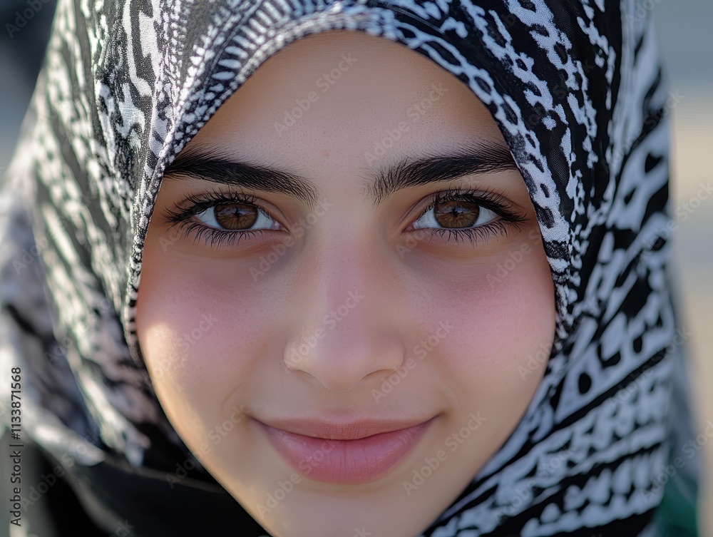 Close-up Portrait of a Young Woman Wearing a Black and White patterned Hijab, Soft Smile, Brown Eyes, Peaceful Expression Close-up Portrait of a Young Woman Wearing a Black and White patterned Hijab, Soft Smile, Brown Eyes, Peaceful Expression