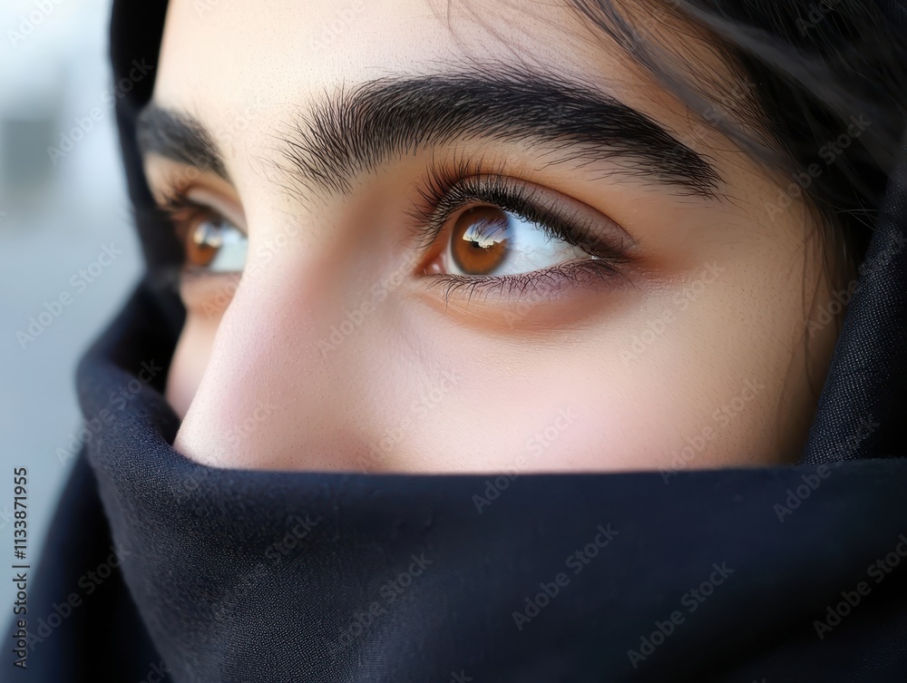 Closeup Portrait of a Young Woman Partially Hidden by a Black Veil, Brown Eyes Gazing Pensively into the Distance Mysterious Beauty Closeup Portrait of a Young Woman Partially Hidden by a Black Veil, Brown Eyes Gazing Pensively into the Distance Mysterious Beauty