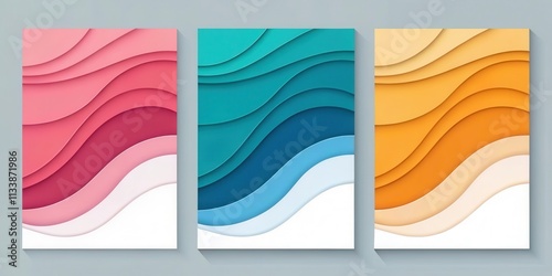 Abstract Layered Waveforms in Vibrant Hues A Set of Three Colorful Designs