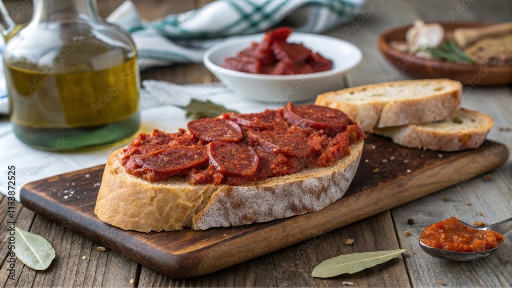 Aromatic Savory Bread Topped with Spicy Chorizo and a Rich Tomato Relish on Rustic Wooden Board Aromatic Savory Bread Topped with Spicy Chorizo and a Rich Tomato Relish on Rustic Wooden Board