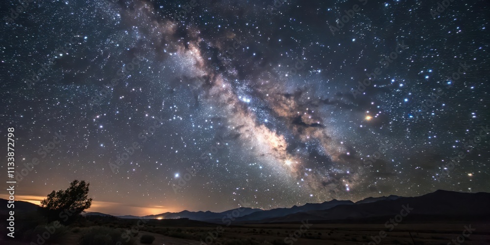 Fototapeta premium A Night Sky Panorama Featuring the Milky Way Galaxy Arcing Over a Dark Mountain Range