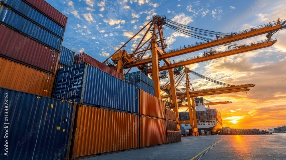 Industrial cranes unloading containers from a ship under a dramatic sunset sky. Industrial cranes unloading containers from a ship under a dramatic sunset sky.