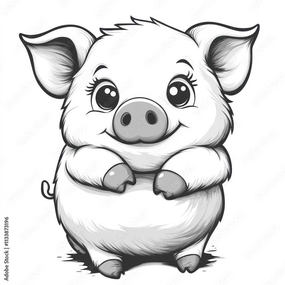 Naklejka premium Adorable cartoon piglet, happy, cute, sitting.
