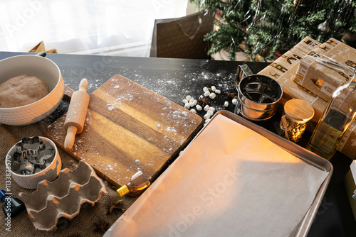 Table ready for cooking gingerbread, cookie or cake. All kitchen equipment ready to prepare ginger dough