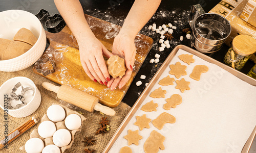 Woman cooking for Christmas dinner gingerbread cookie. Dough kneading process