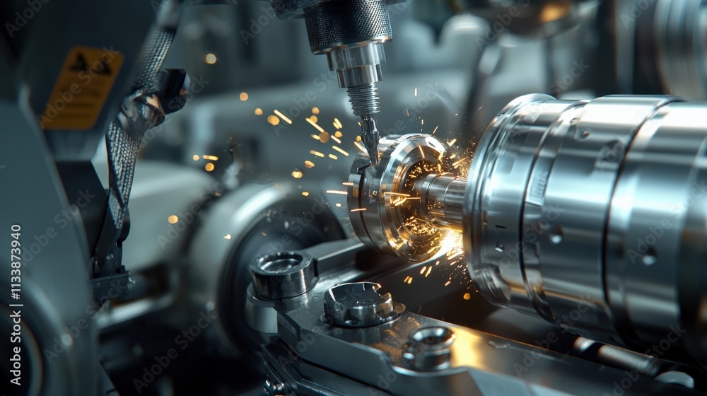 Fototapeta premium Close-up of an industrial lathe machining a steel cylinder, with sparks flying.