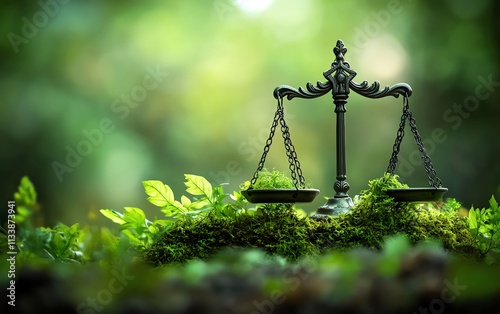 Concept of Green Justice, law and nature working together, balanced scales with vibrant foliage, environmental protection through legal action, AIgenerated art