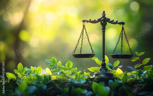 Concept of Green Justice, law and nature working together, balanced scales with vibrant foliage, environmental protection through legal action, AIgenerated art