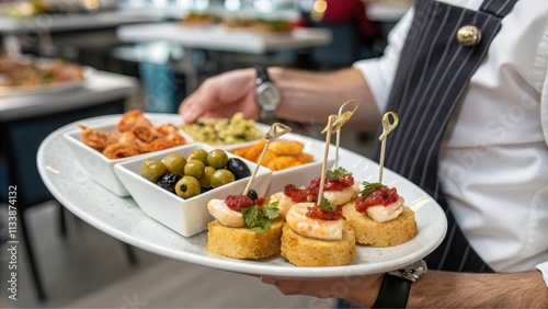 A server presents a platter of delicious appetizers including marinated olives, savory fried items, and shrimp canap?s with a vibrant red sauce. photo