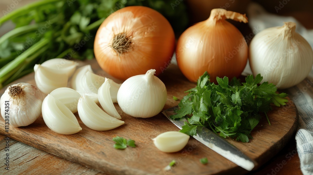 Fresh Onions Garlic and Parsley Ready for Cooking Fresh Onions Garlic and Parsley Ready for Cooking