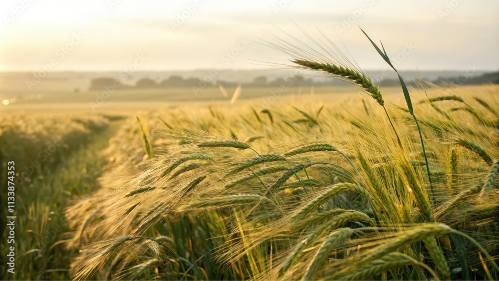 Golden wheat field at sunset, bathed in warm light, showing the detail of the ripening grain stalks Golden wheat field at sunset, bathed in warm light, showing the detail of the ripening grain stalks
