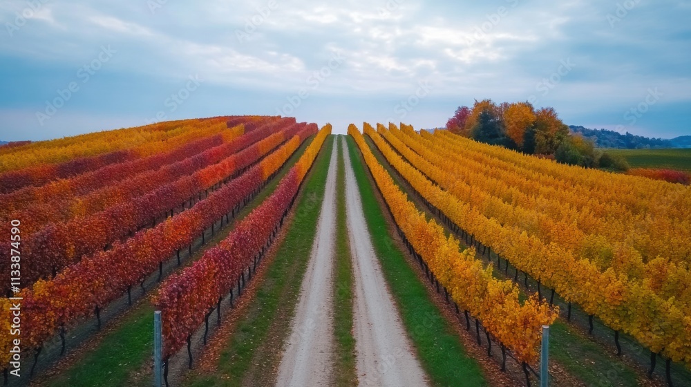 Fototapeta premium Harvest season in a scenic vineyard autumn colors landscape photography rural setting aerial view nature's beauty