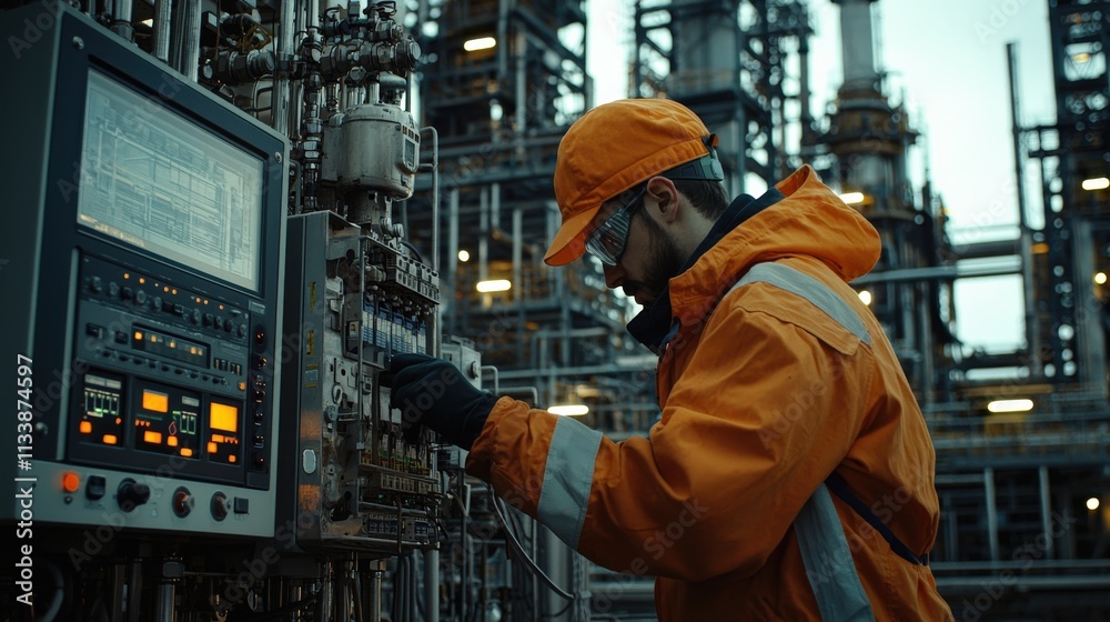 A technician adjusting a control panel in an oil refinery, wearing high-visibility gear. A technician adjusting a control panel in an oil refinery, wearing high-visibility gear.
